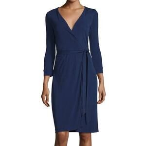 Diane Von Furstenberg Julian Navy Blue Wrap Tie 3/4 Length Sleeve Dress